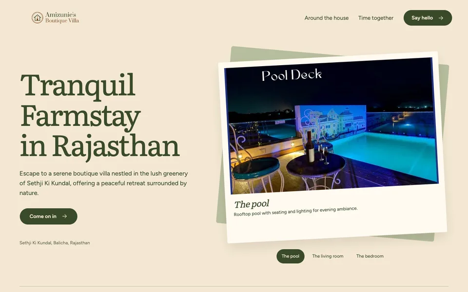 Amizunie's Boutique Villa website, home page
